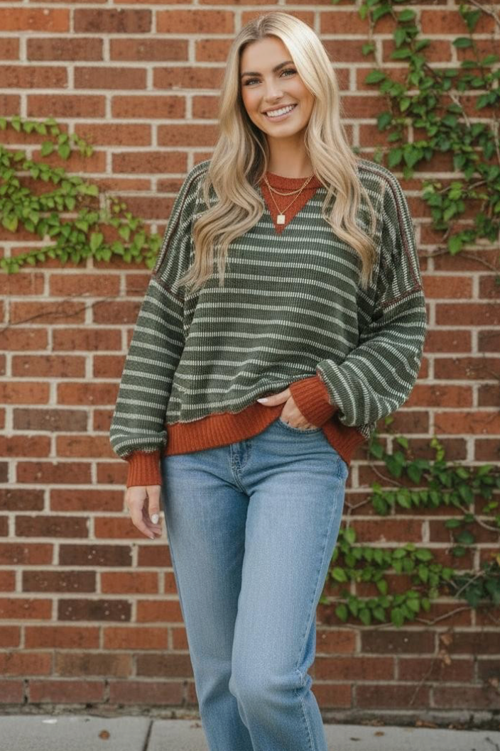 Crew Neck Stripe Pullover Knit Top