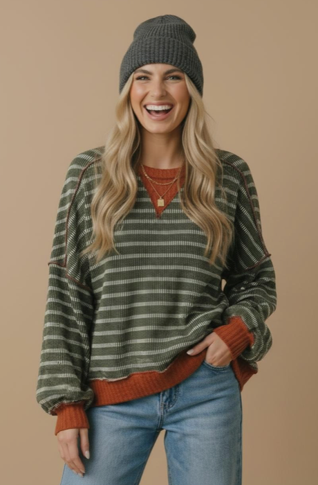 Crew Neck Stripe Pullover Knit Top