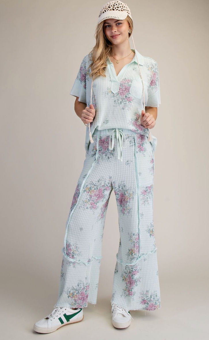 FLORAL PRINT WASHED WAFFLE PANTS & TOP