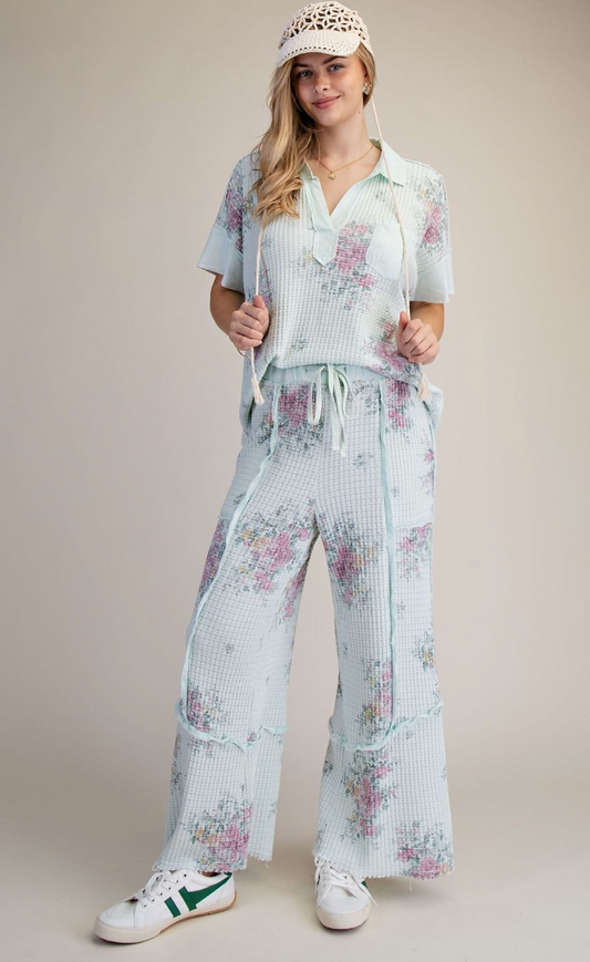 FLORAL PRINT WASHED WAFFLE PANTS & TOP
