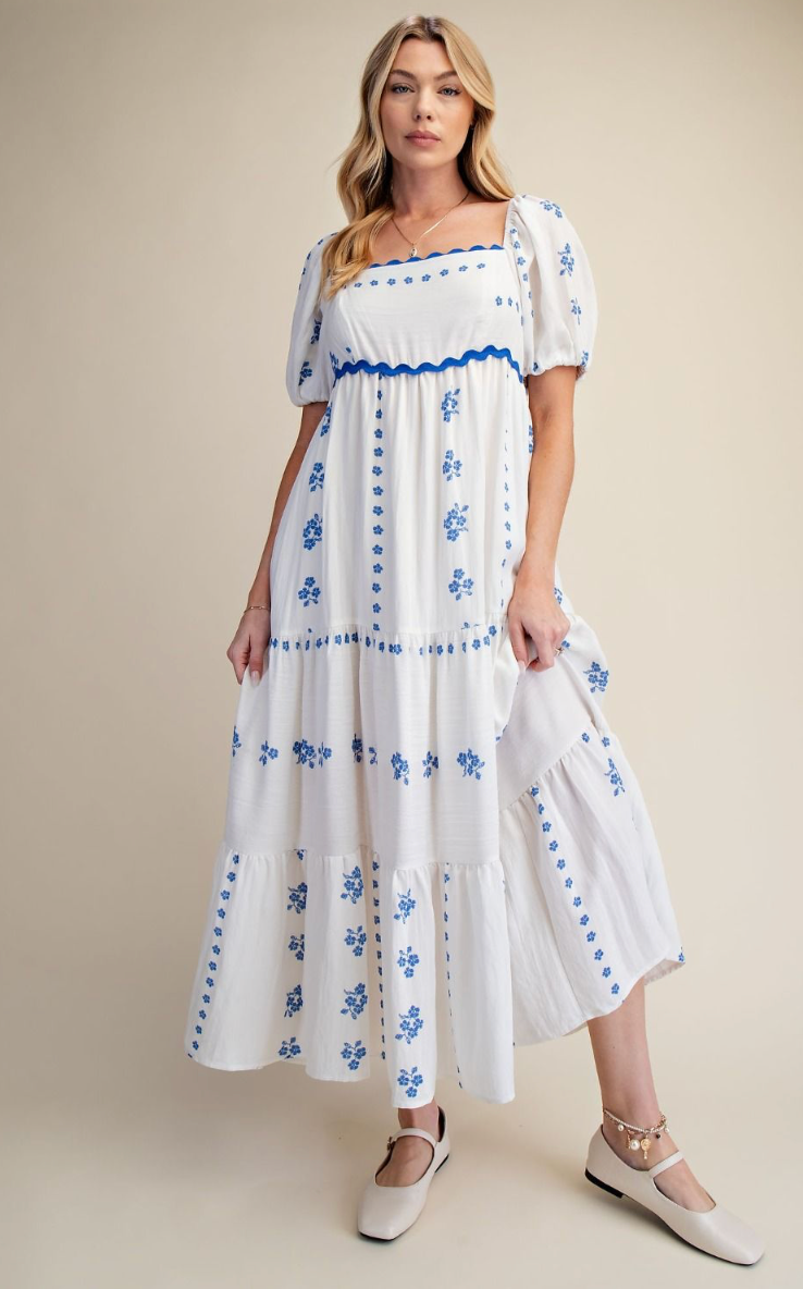 PUFF SLVS TIERED MIDI DRESS