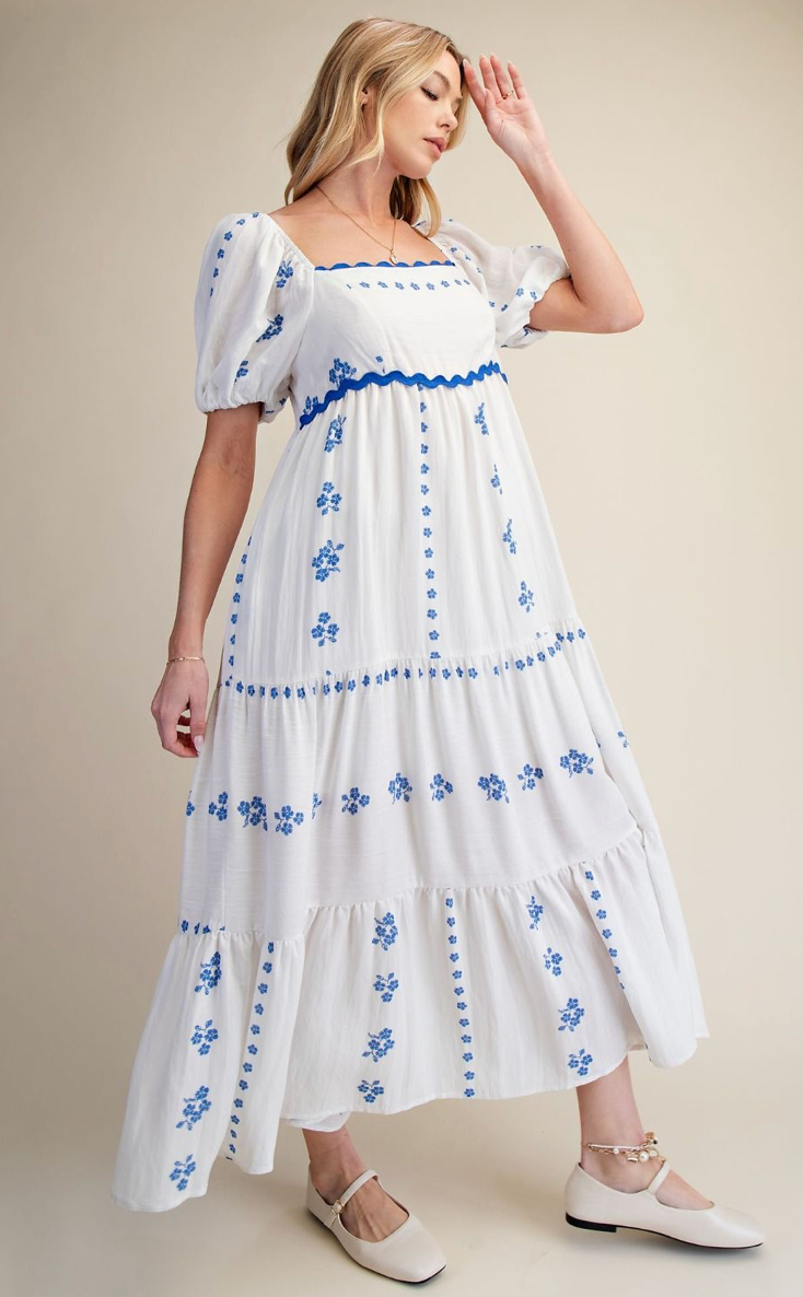 PUFF SLVS TIERED MIDI DRESS