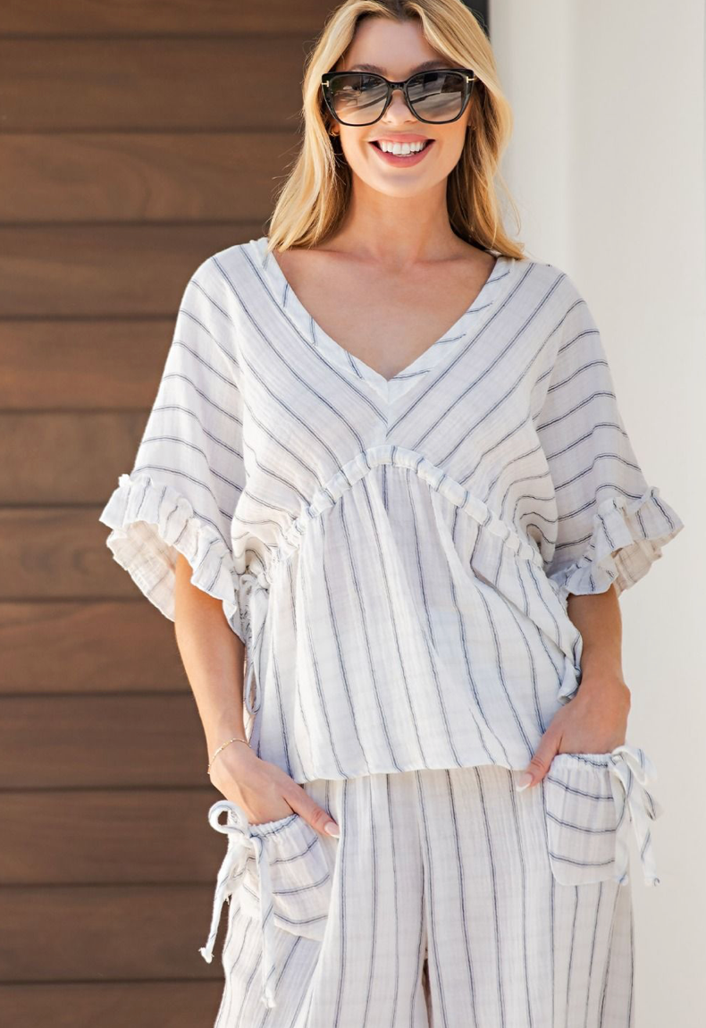 WING SLVS STRIPED COTTON GAUZE TOP