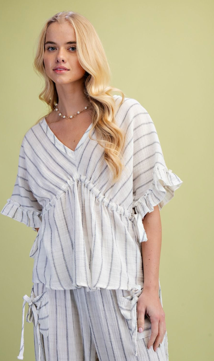 WING SLVS STRIPED COTTON GAUZE TOP
