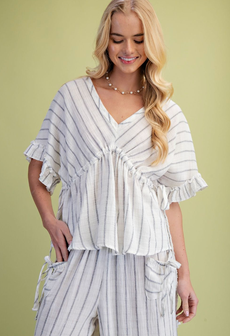WING SLVS STRIPED COTTON GAUZE TOP