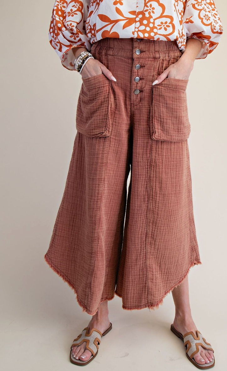 WASHED COTTON GAUZE PALAZZO PANTS