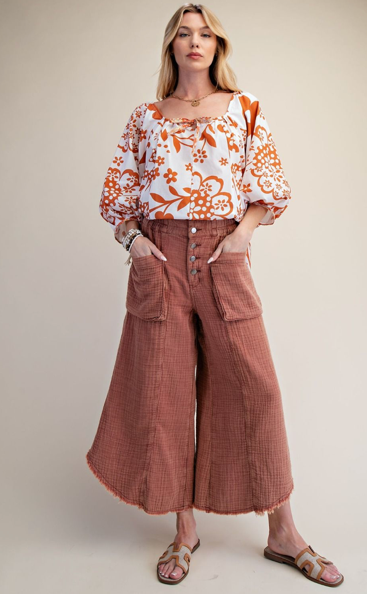 WASHED COTTON GAUZE PALAZZO PANTS