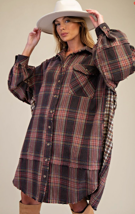 WASHED PLAID FLANNEL TUNIC DRESS