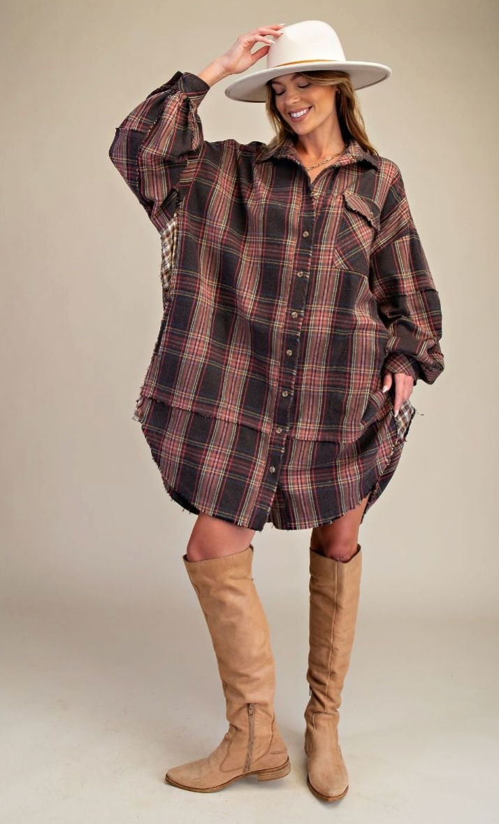 WASHED PLAID FLANNEL TUNIC DRESS