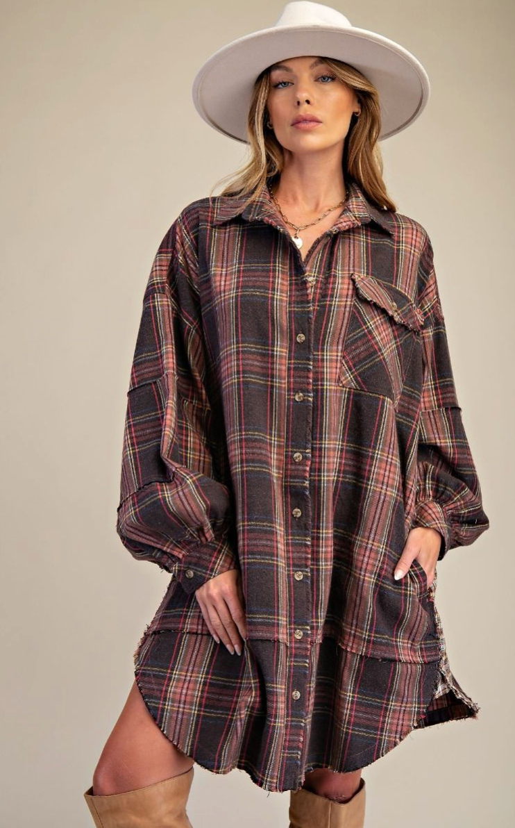 WASHED PLAID FLANNEL TUNIC DRESS
