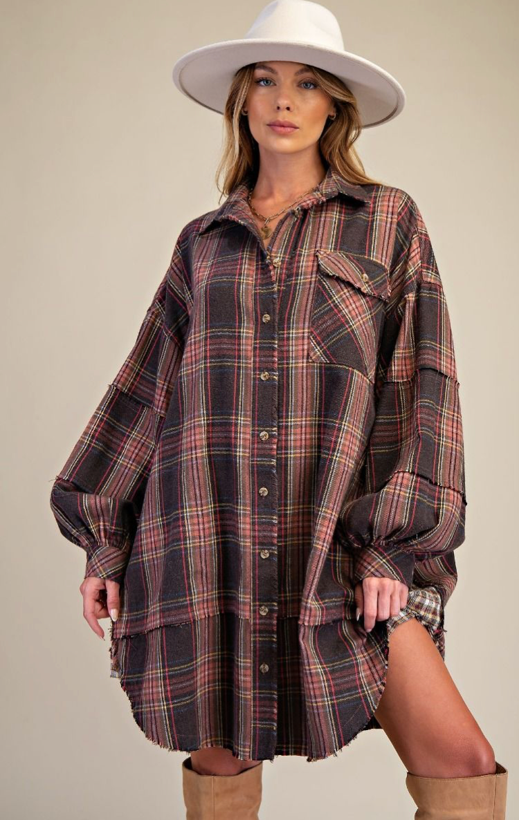 WASHED PLAID FLANNEL TUNIC DRESS
