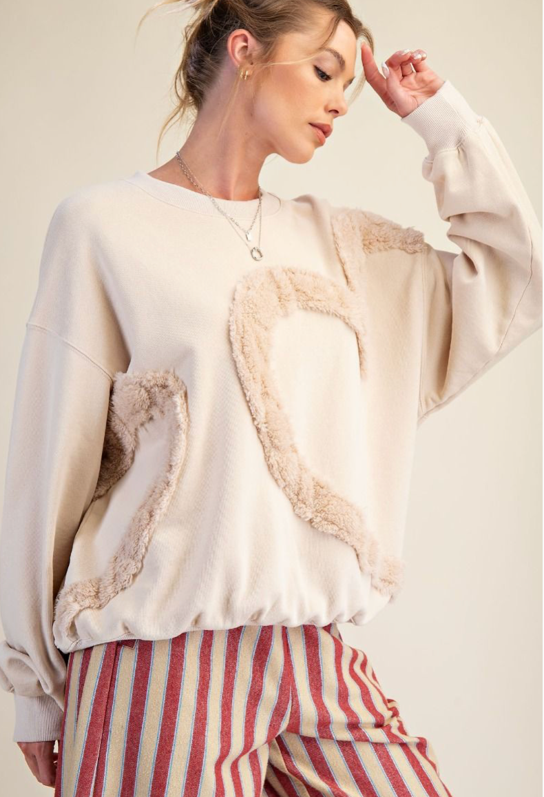 HEART FUR DETAILING WASHED TERRY PULLOVER