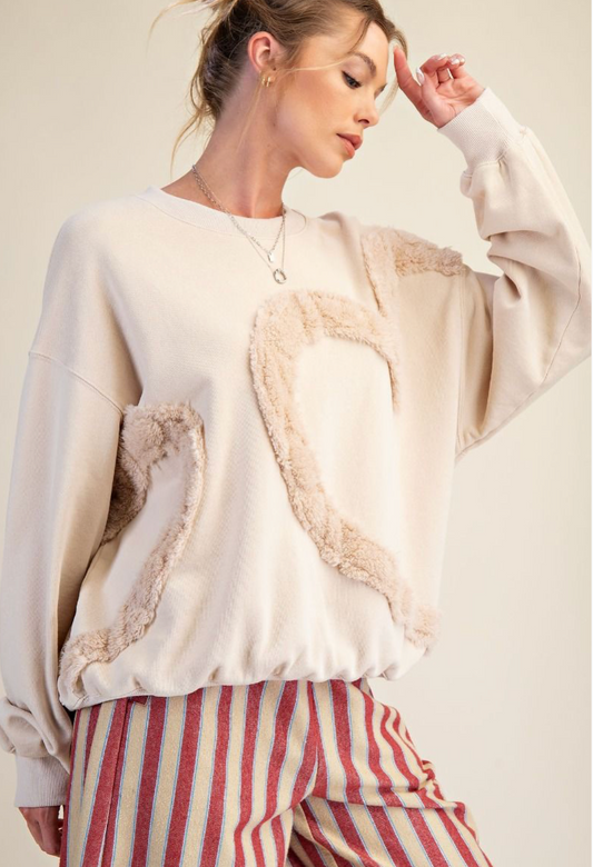 HEART FUR DETAILING WASHED TERRY PULLOVER