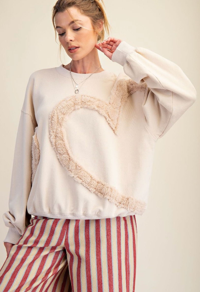 HEART FUR DETAILING WASHED TERRY PULLOVER