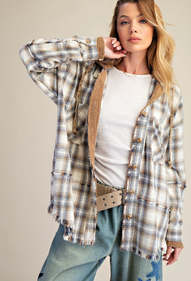 PLAID BUTTON DOWN WASHED SHACKET