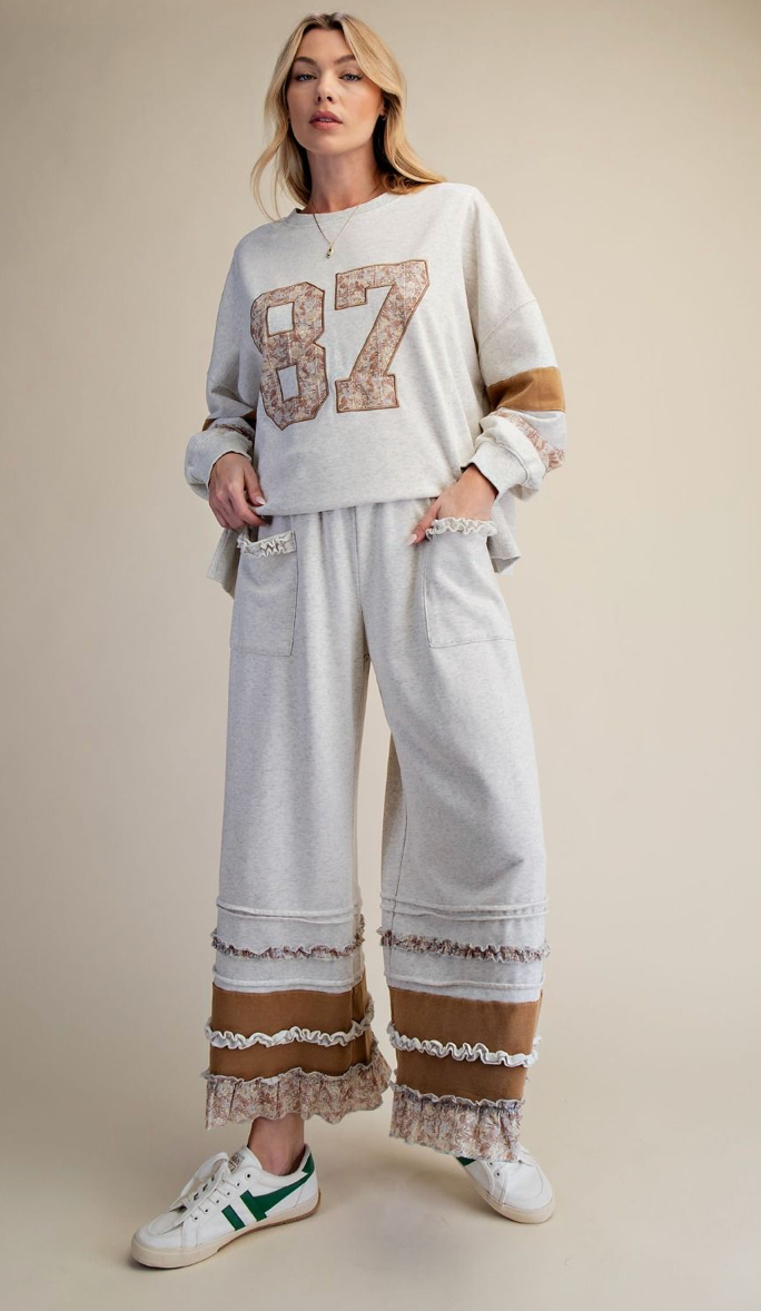 COLOR MIX BOTTOM HEM WASHED TERRY PANTS