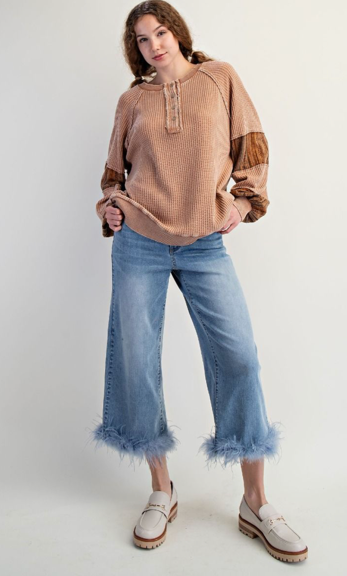 MIXED FABRIC WASHED THERMAL KNIT TOP