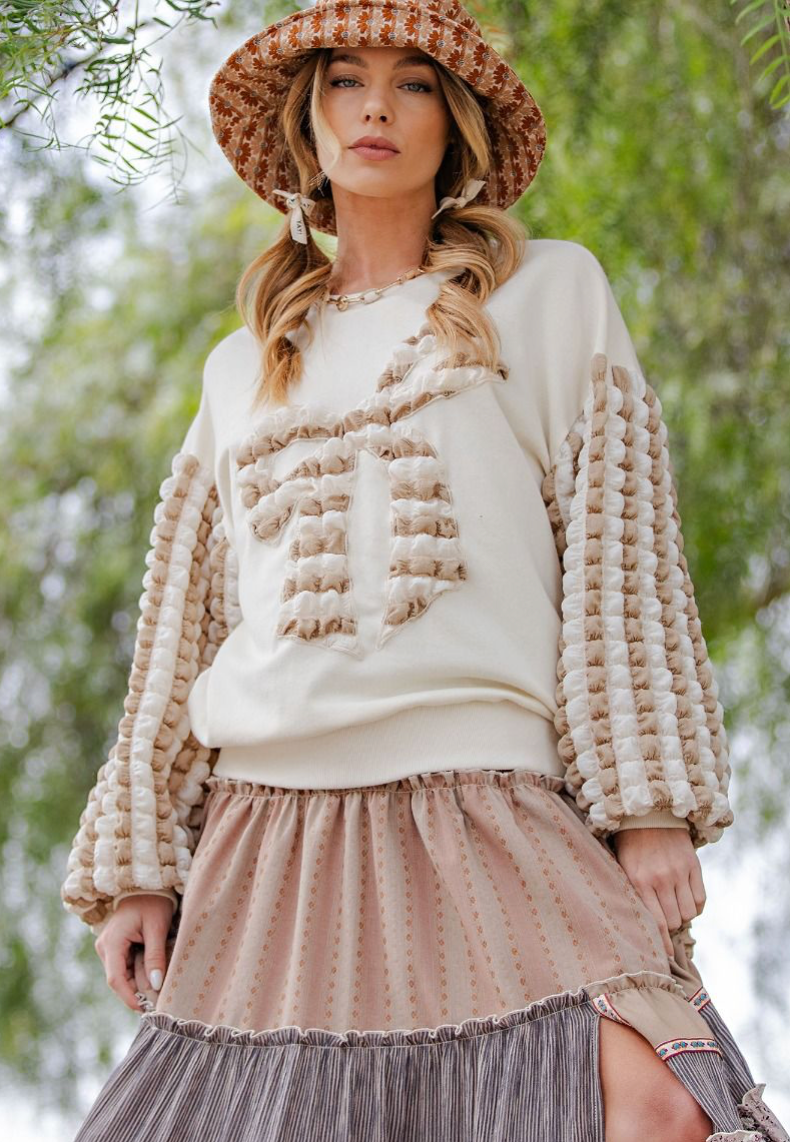 BOW PATCH WASHED TERRY PULLOVER