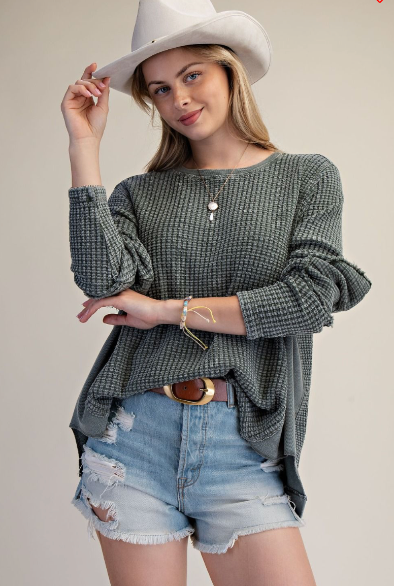 WASHED THERMAL WAFFLE KNIT TOP