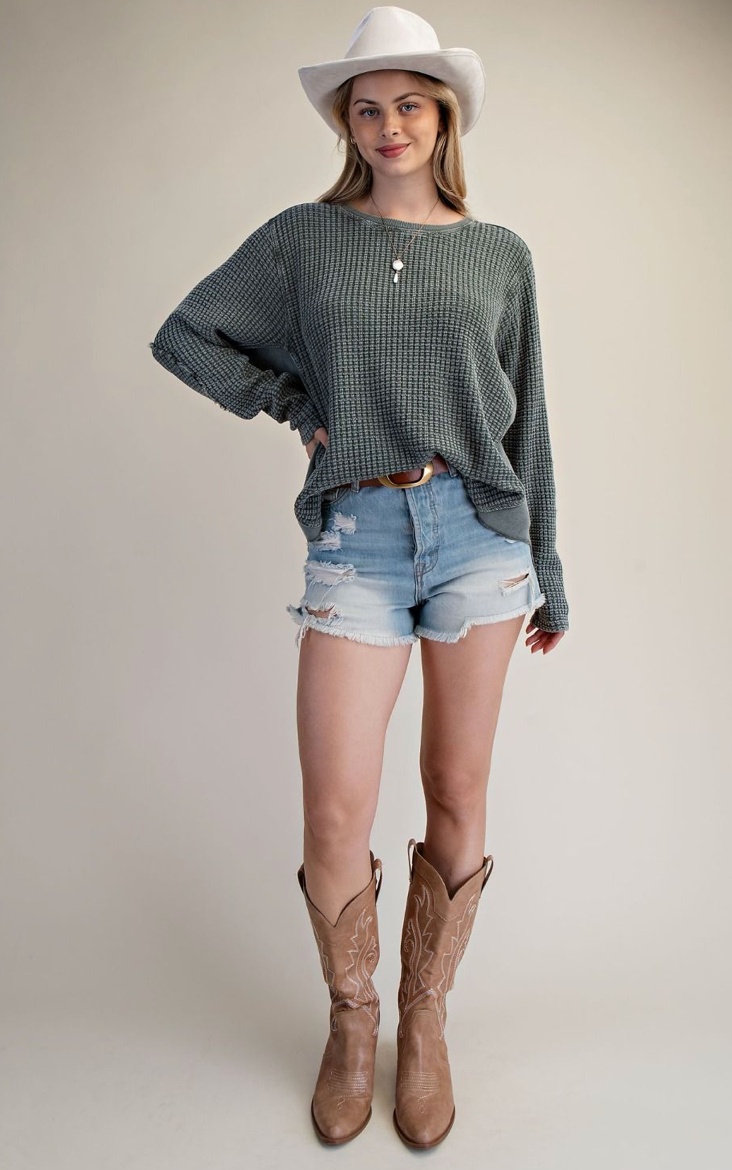 WASHED THERMAL WAFFLE KNIT TOP