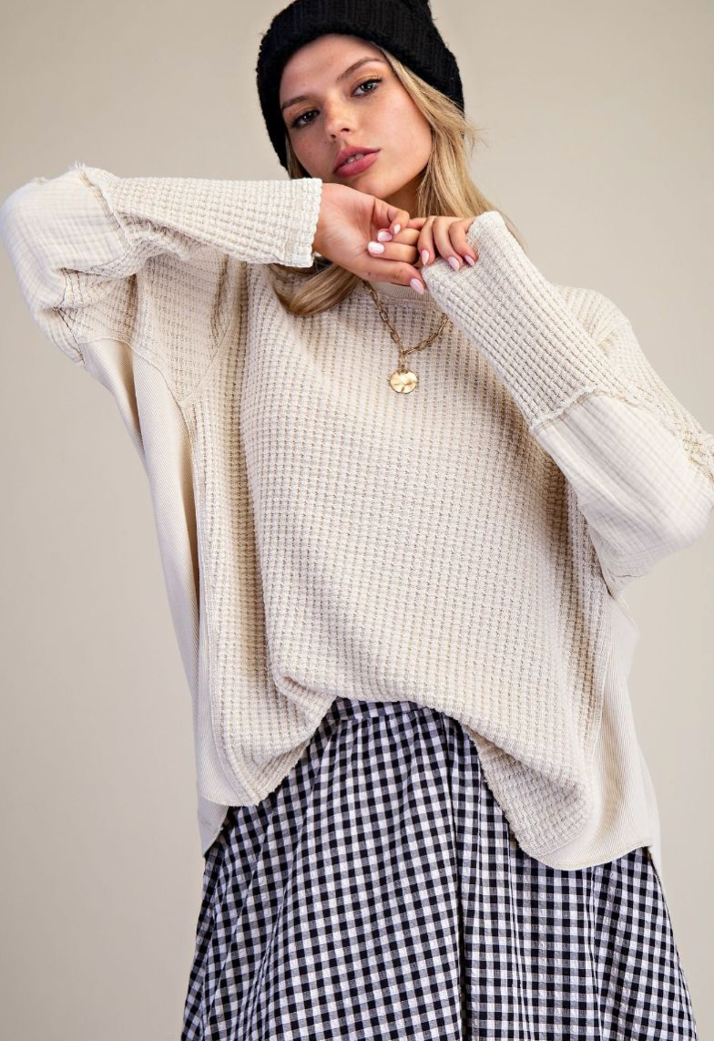 WASHED THERMAL WAFFLE KNIT TOP