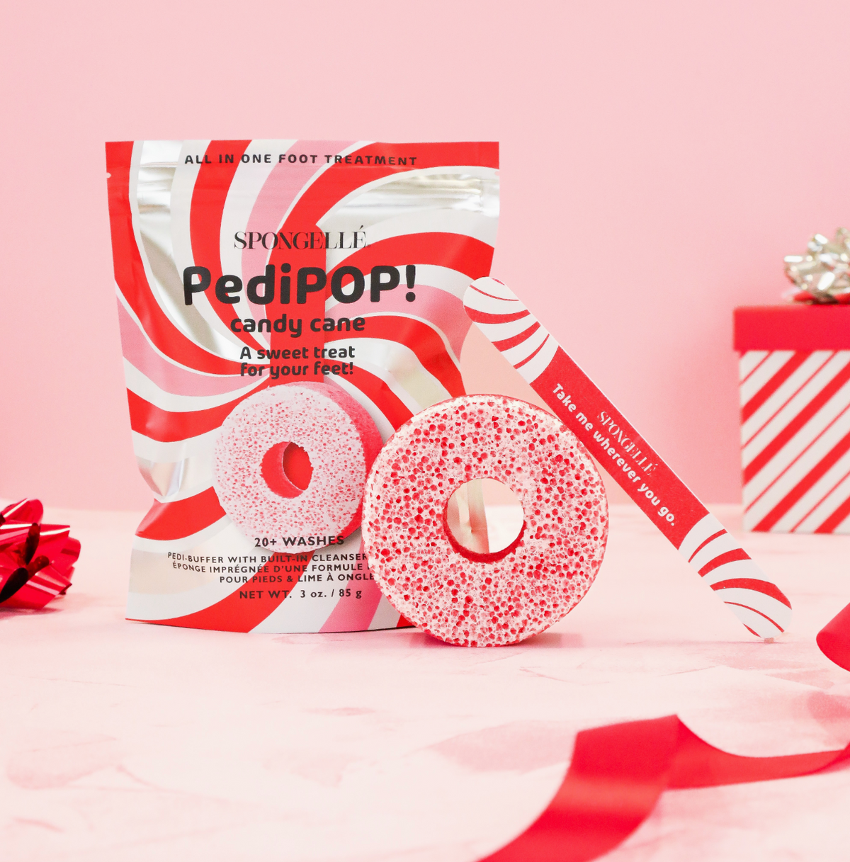 Spongelle Holiday Pedi Pop Pedi Buffer & nail file in Candy Cane