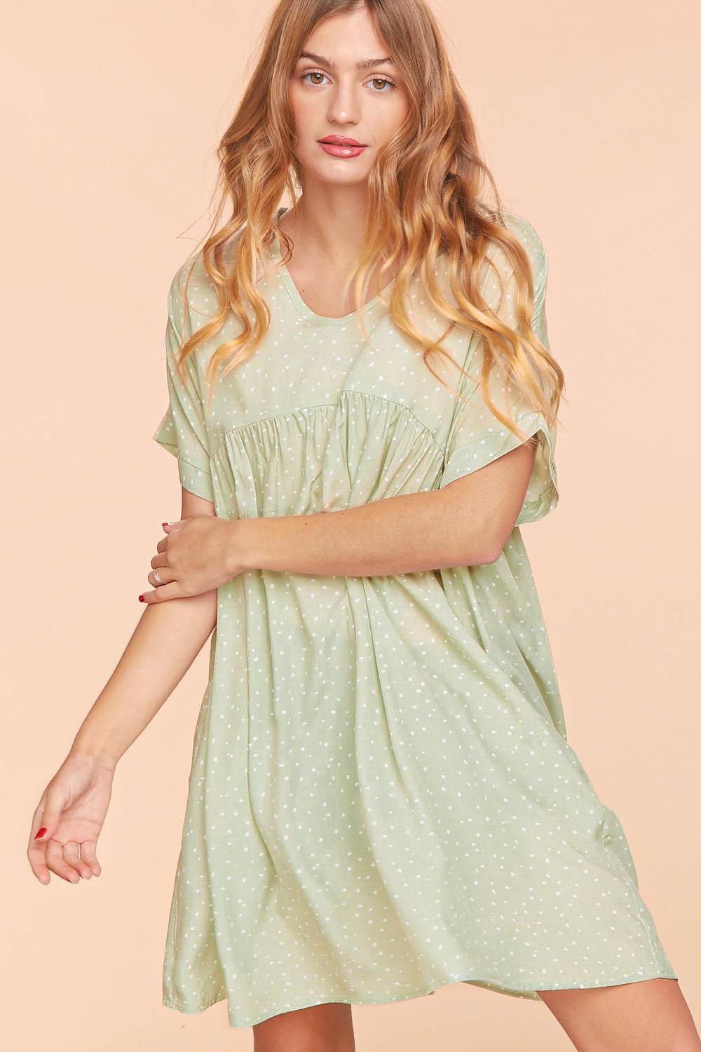 Small Dotted Print Woven Dress With Side Pockets