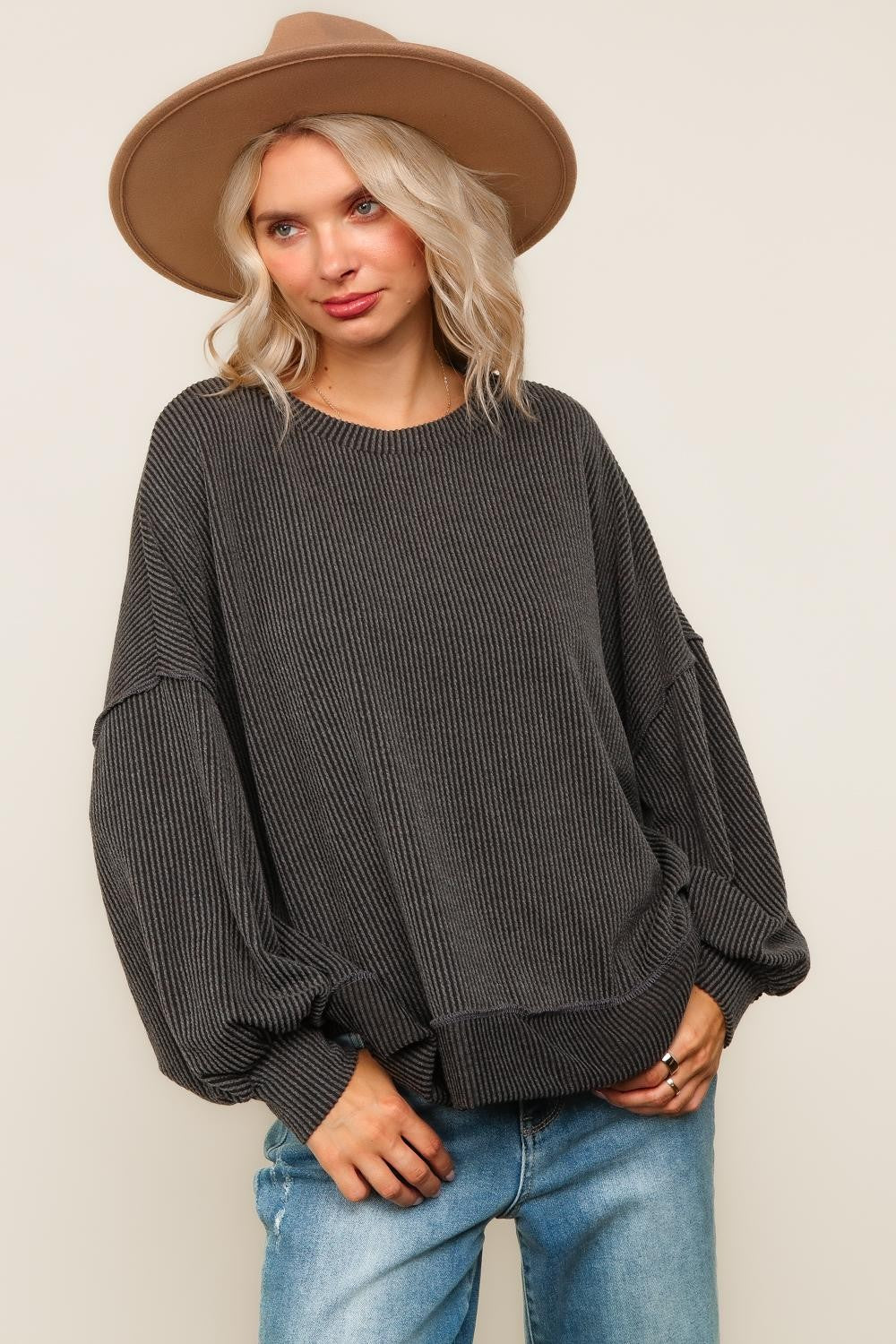 Drop Shoulder Wavy Rib Solid Knit Sweater Top