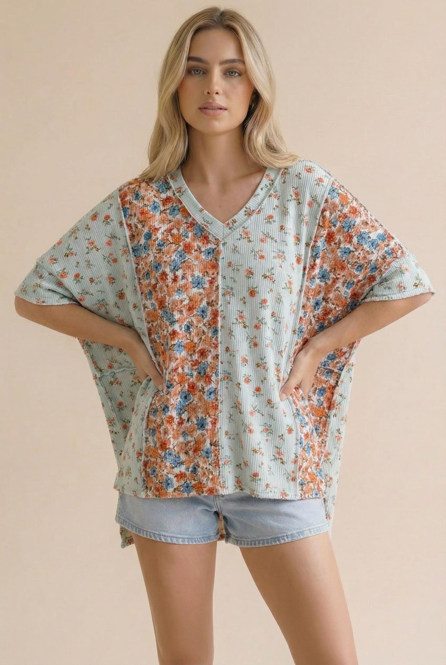 Floral Ribbed Reverse Stitch Knit Top