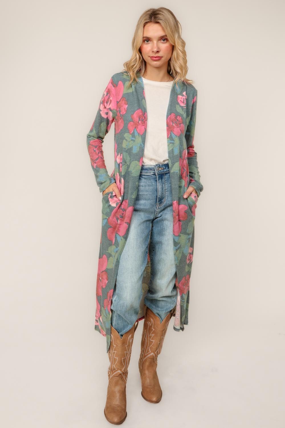 Floral Open Duster Cardigan W/ Side Slits