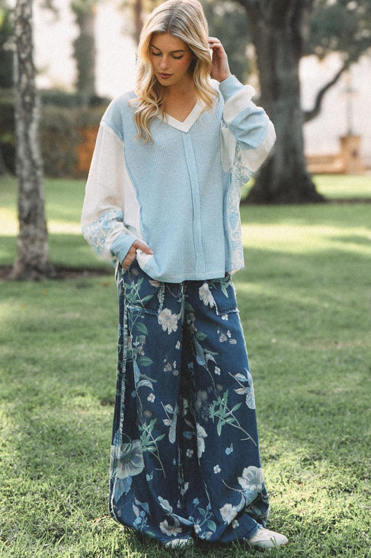 Botanical Print Wide-leg Denim Pants