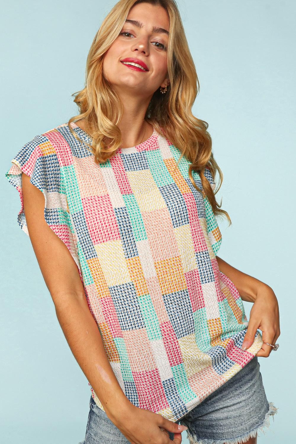 Curvy Multi Color Block Ruffle Short Sleeve Knit