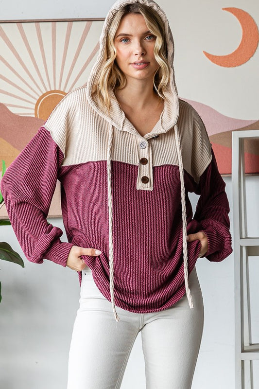 Ribbed Contrast Button Front Hoodie