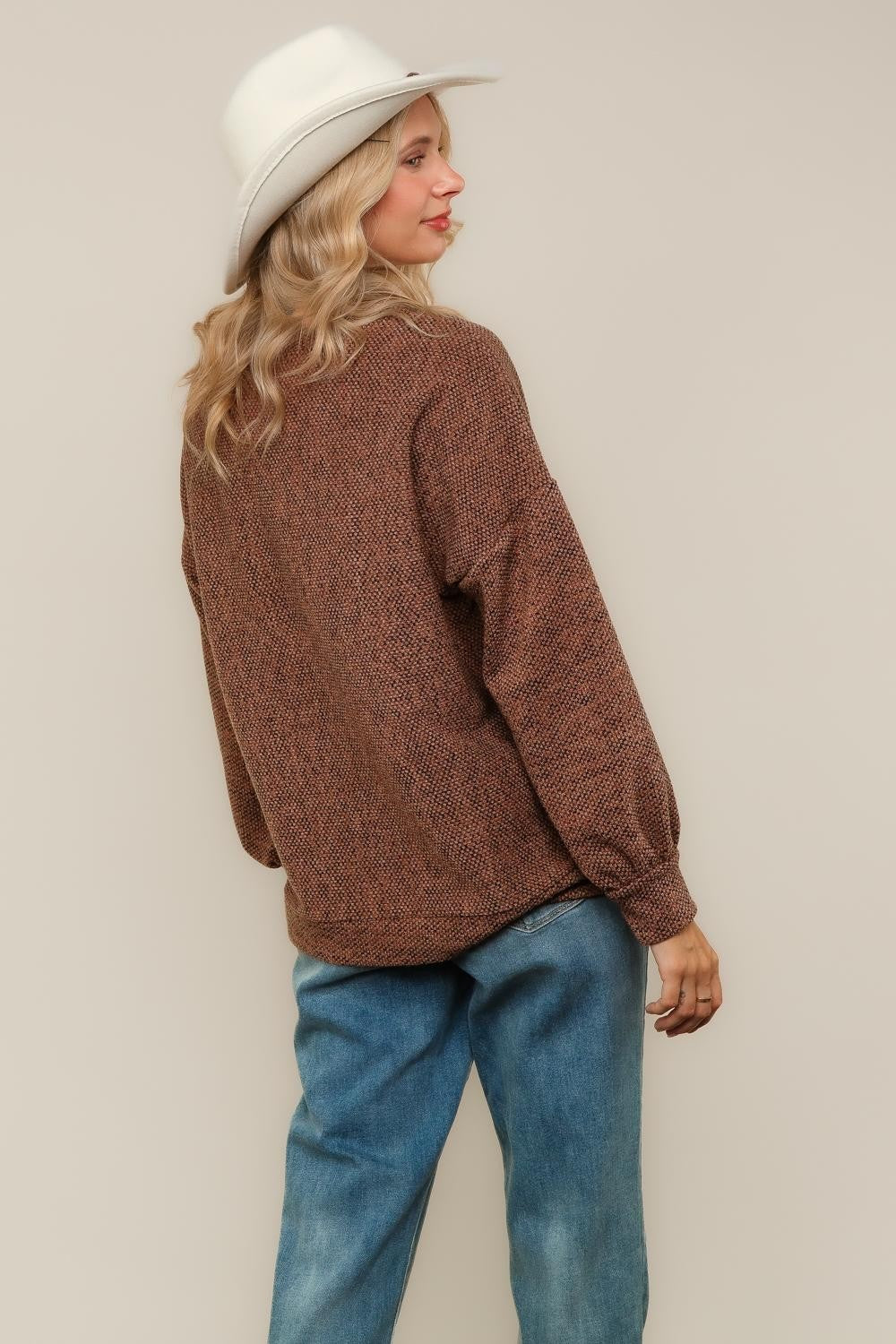Bubble Long Sleeve Two Tone Sweater Knit Top