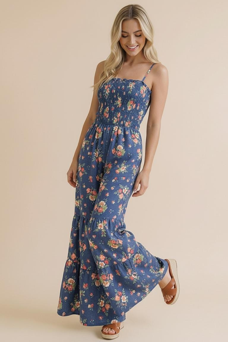 Strap Shoulder Smocking Floral Jumpsuit