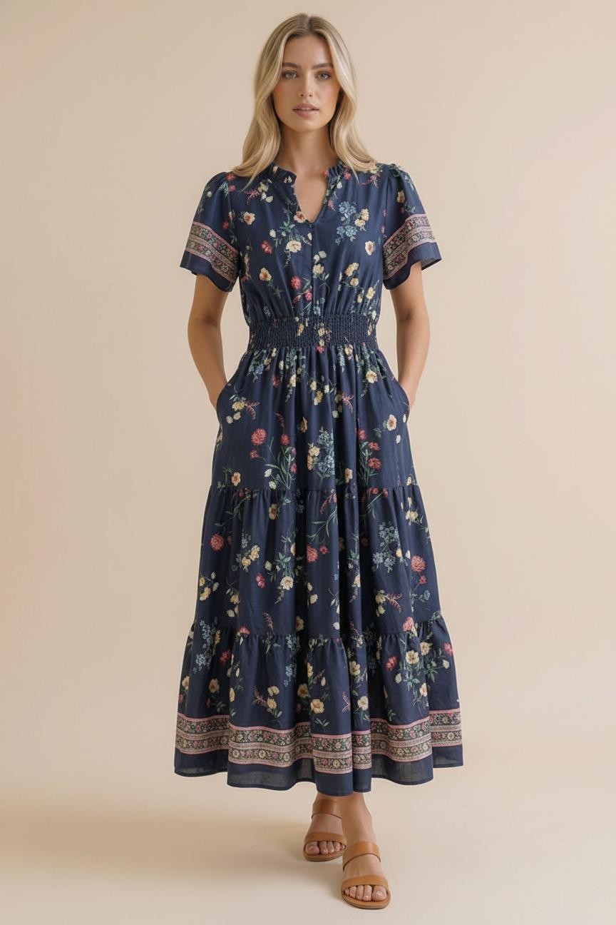 Smocked Waist Maxi Tiered Floral Dress
