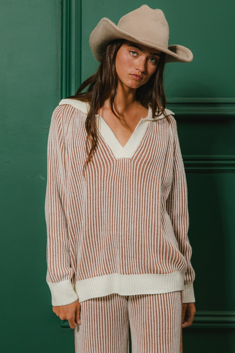 Two Tone Rib Texture Sweater And Pants Set