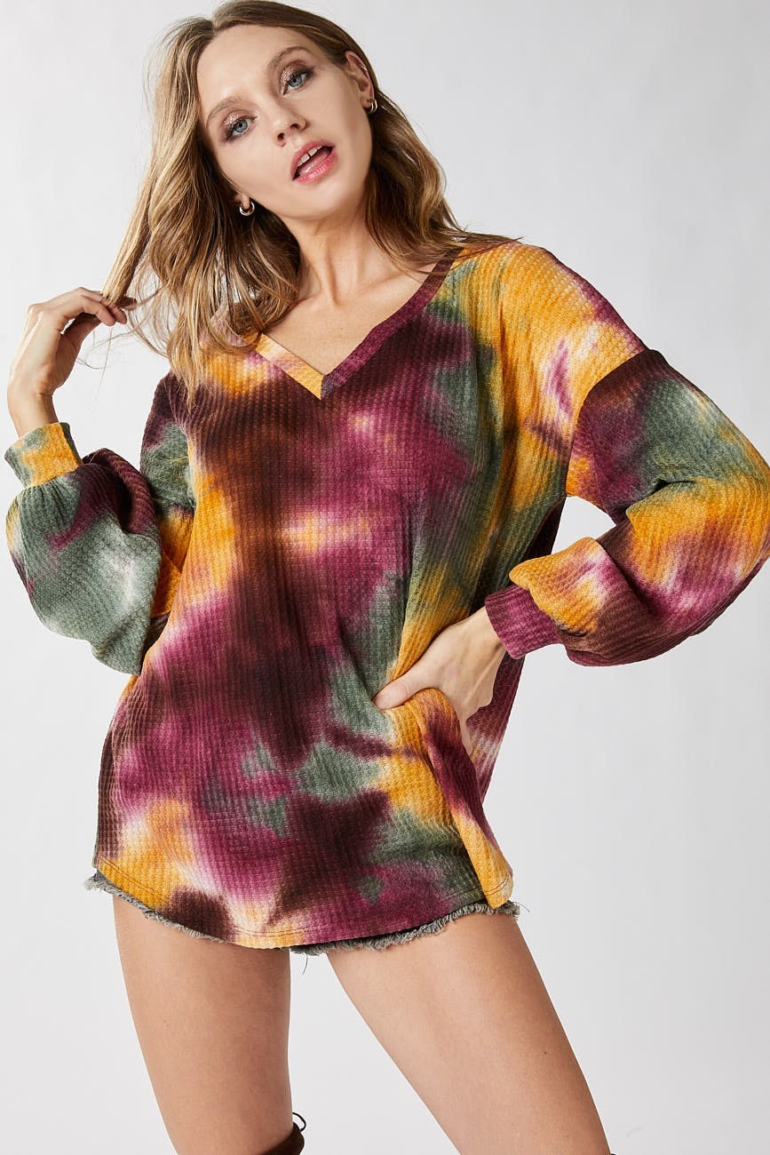 Tie Dye Thermal Waffle Knit V Neck Top