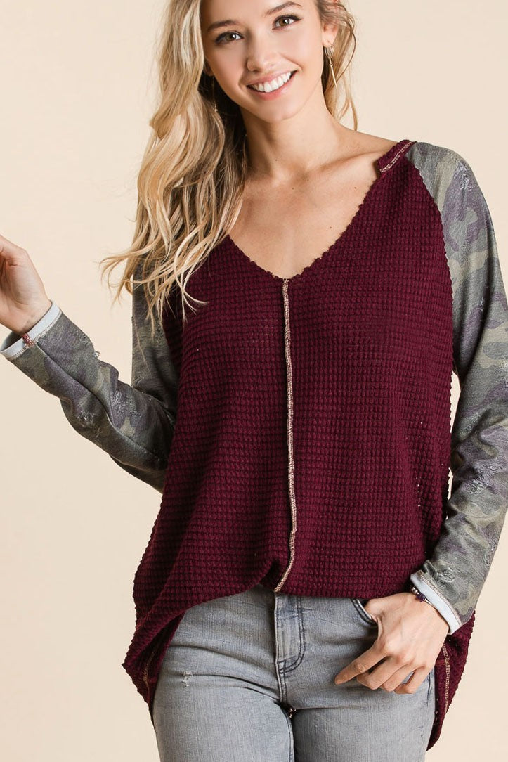 Popcorn Waffle Top With Contrast Stitching