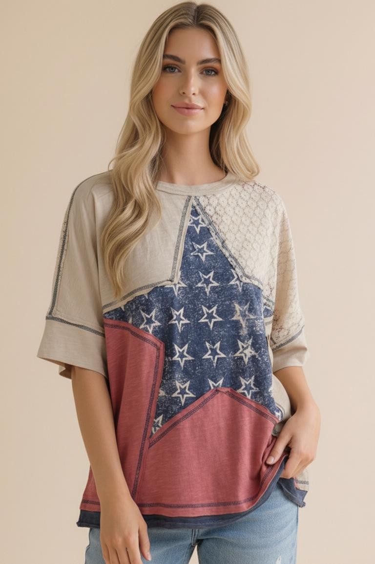 Short Sleeve Star Patchwork With Lace Top