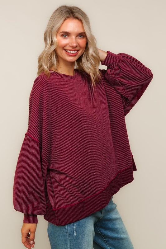 Drop Shoulder Wavy Rib Solid Knit Sweater Top