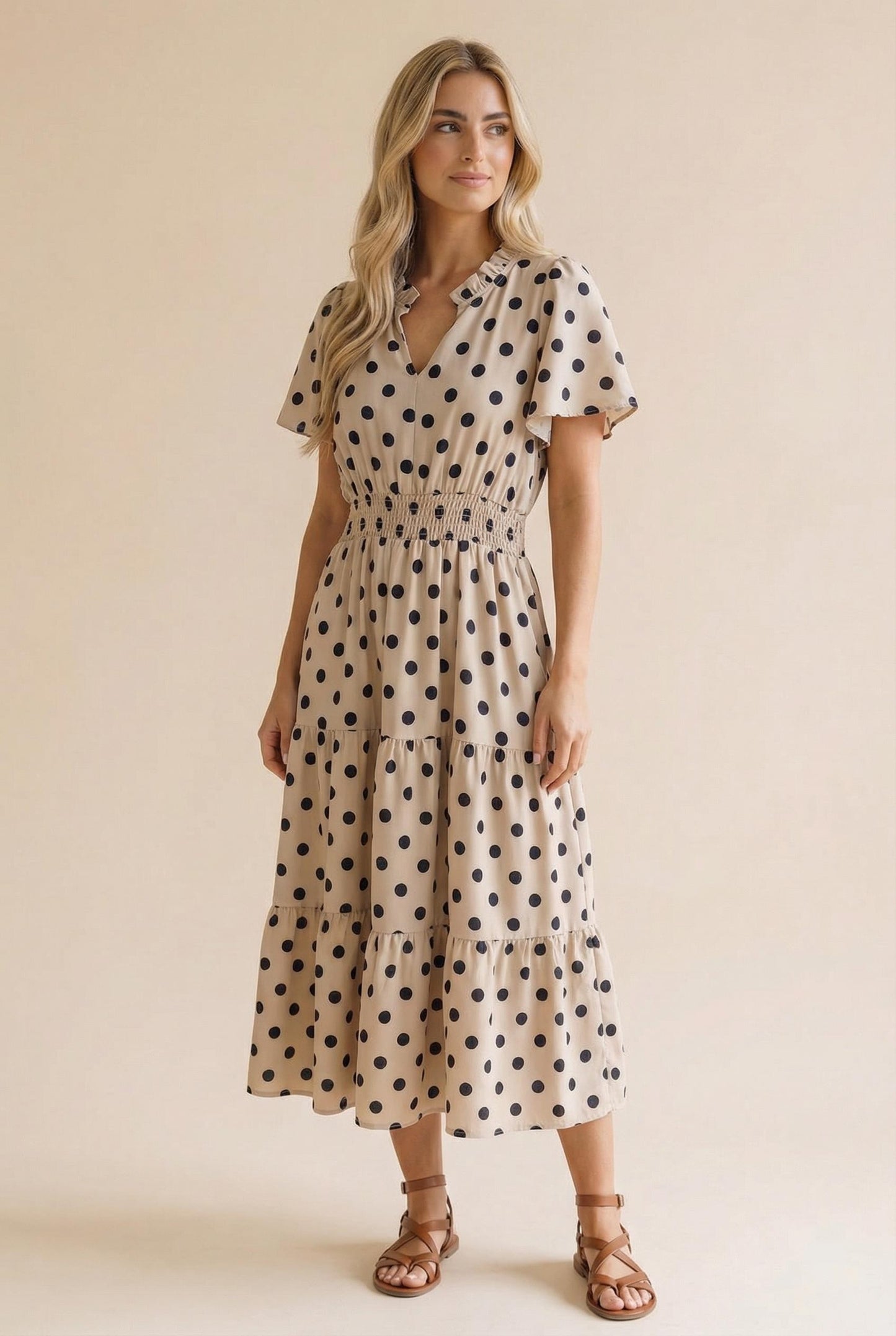 Polkadot Smocked Waist Tiered Maxi Dress