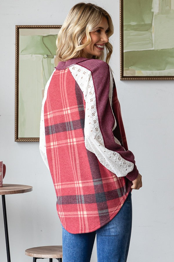 Plaid Lace Contrast V Neck Top