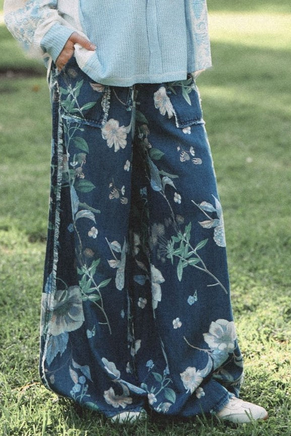 Botanical Print Wide-leg Denim Pants