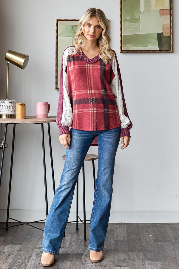 Plaid Lace Contrast V Neck Top