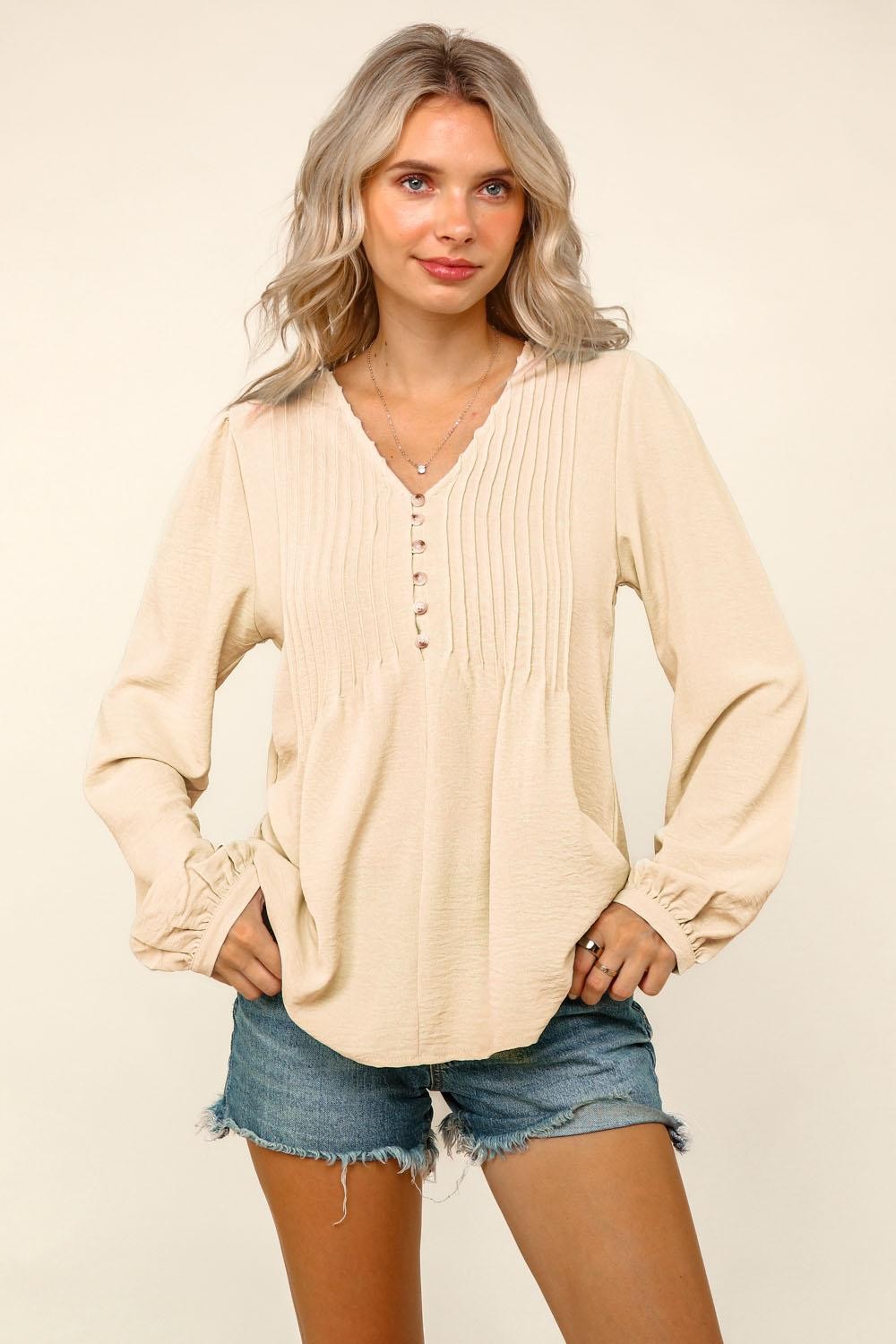 Solid V Neck Pin Tuck Buttoned Woven Blouse