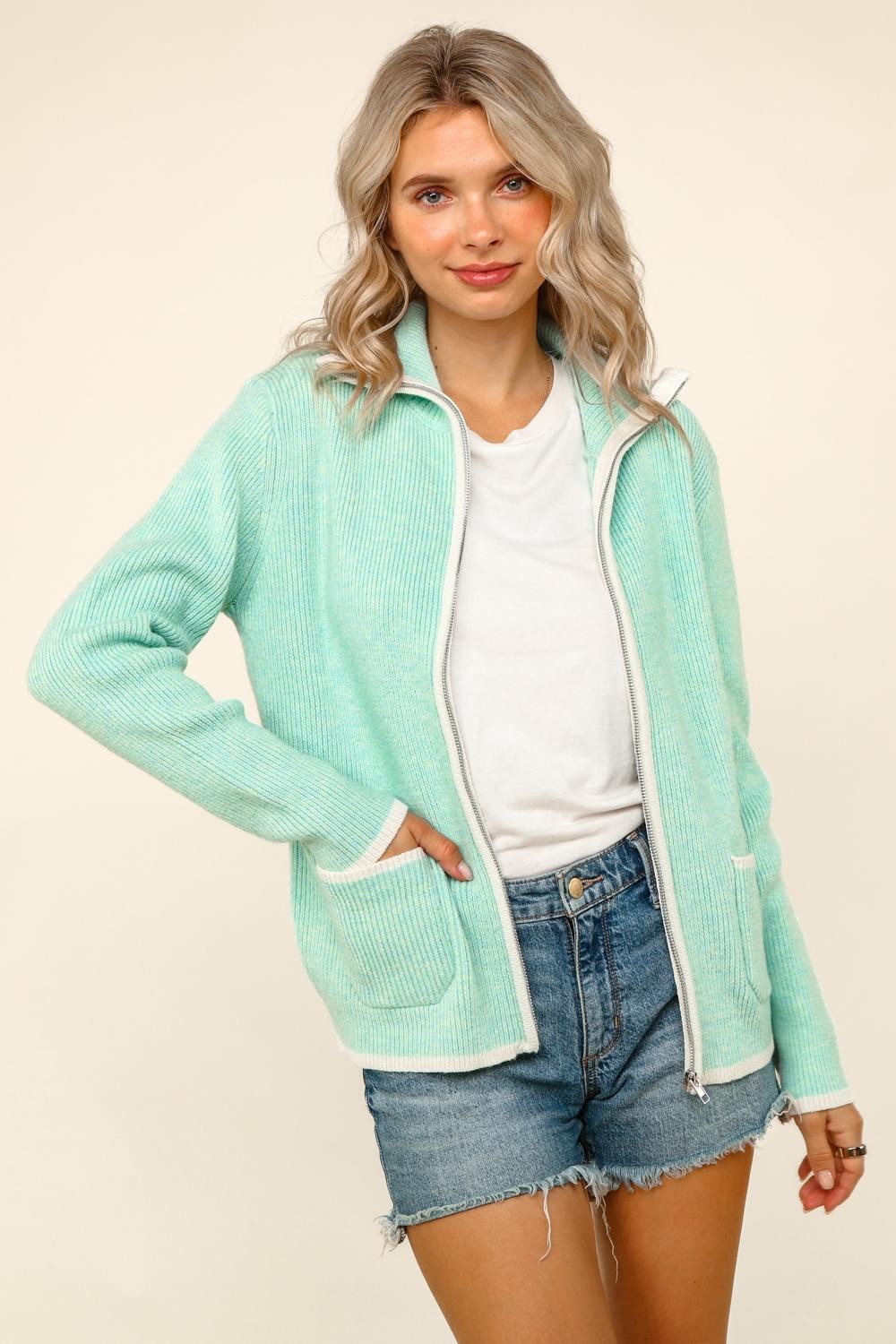 High Neck Zip Up Sweater Cardigan With Pocket