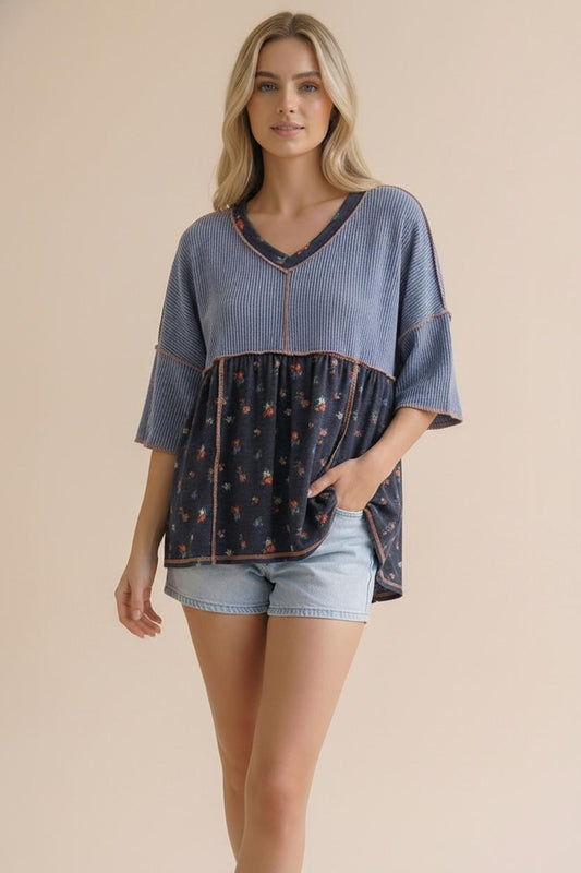 V Neck Babydoll Floral Print Color Block Top