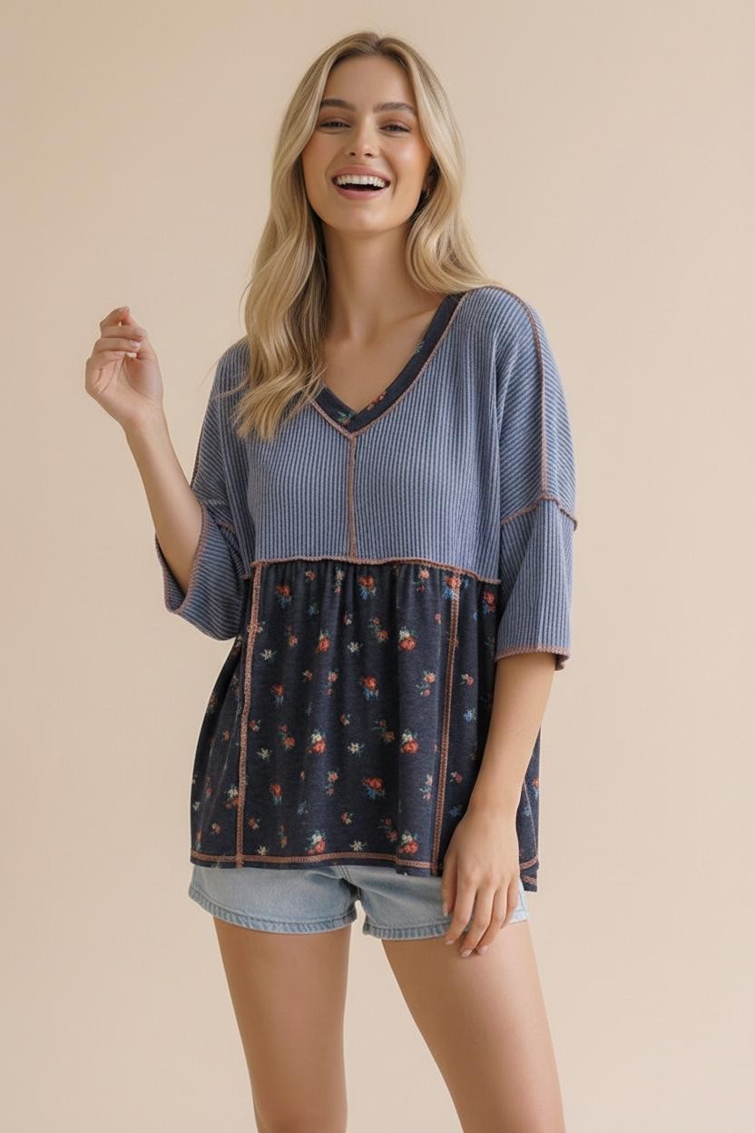 V Neck Babydoll Floral Print Color Block Top