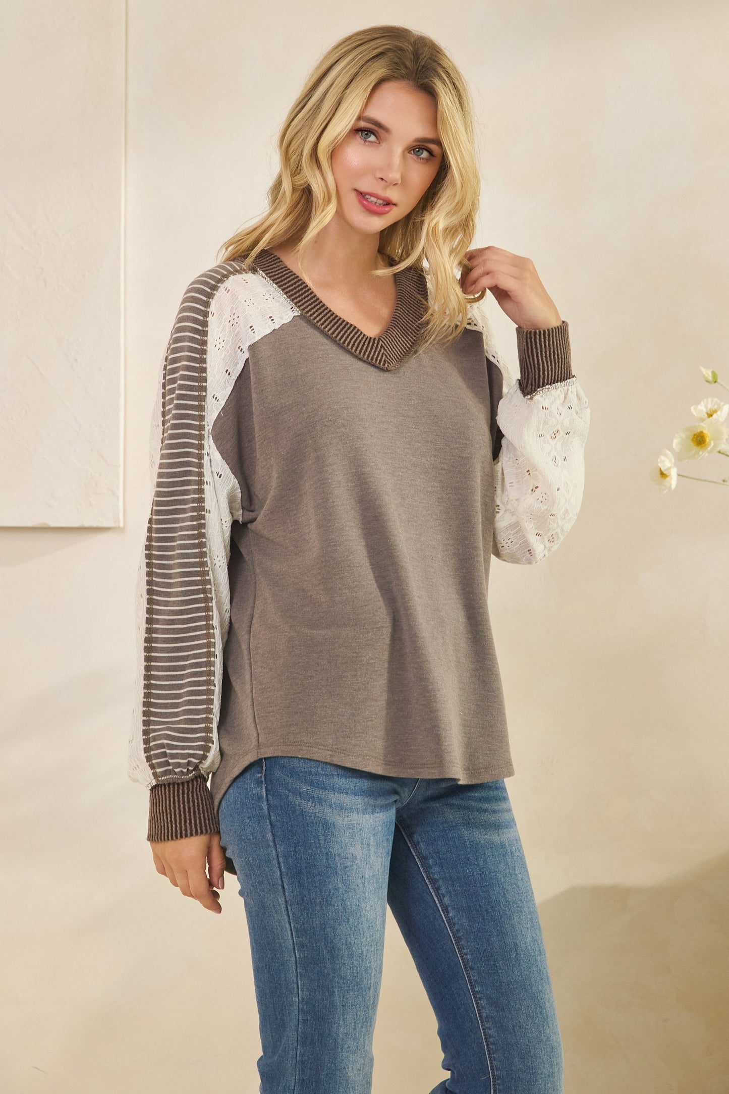Multi Fabric Contrast Sleeve V Neck Top